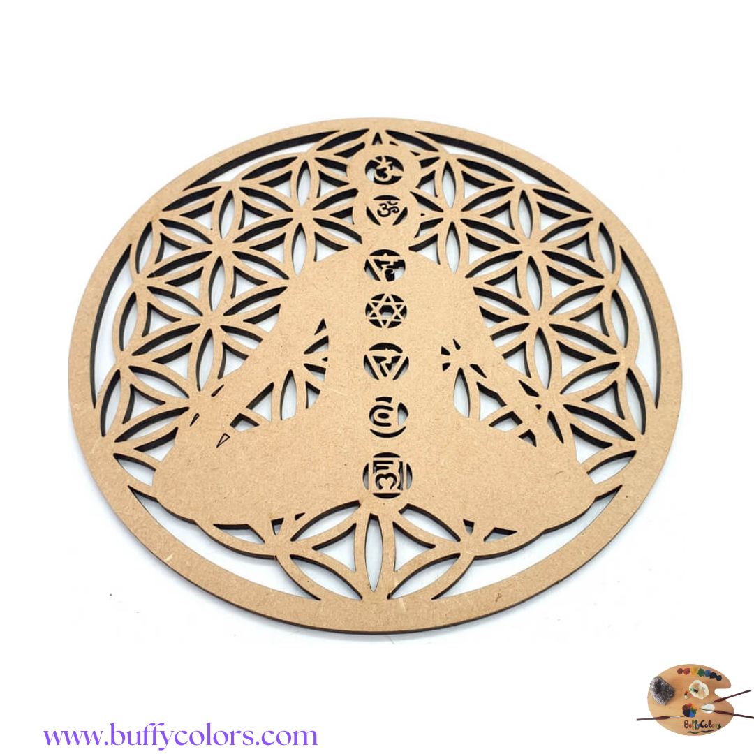 Plaque Bois 7 Chakras Fleur de Vie