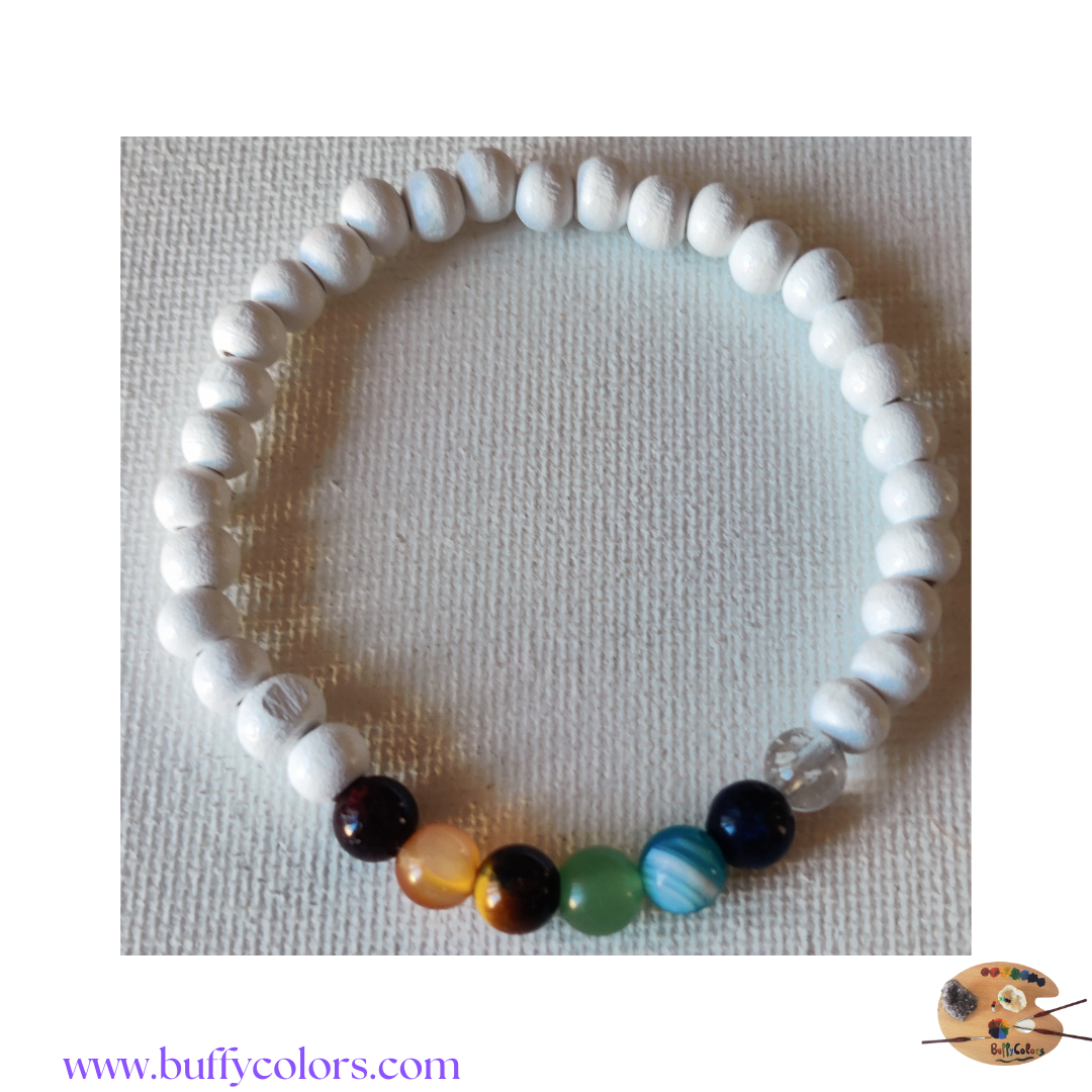 Votre bracelet les 7 chakras en 8mm, pierres en bois en finition
