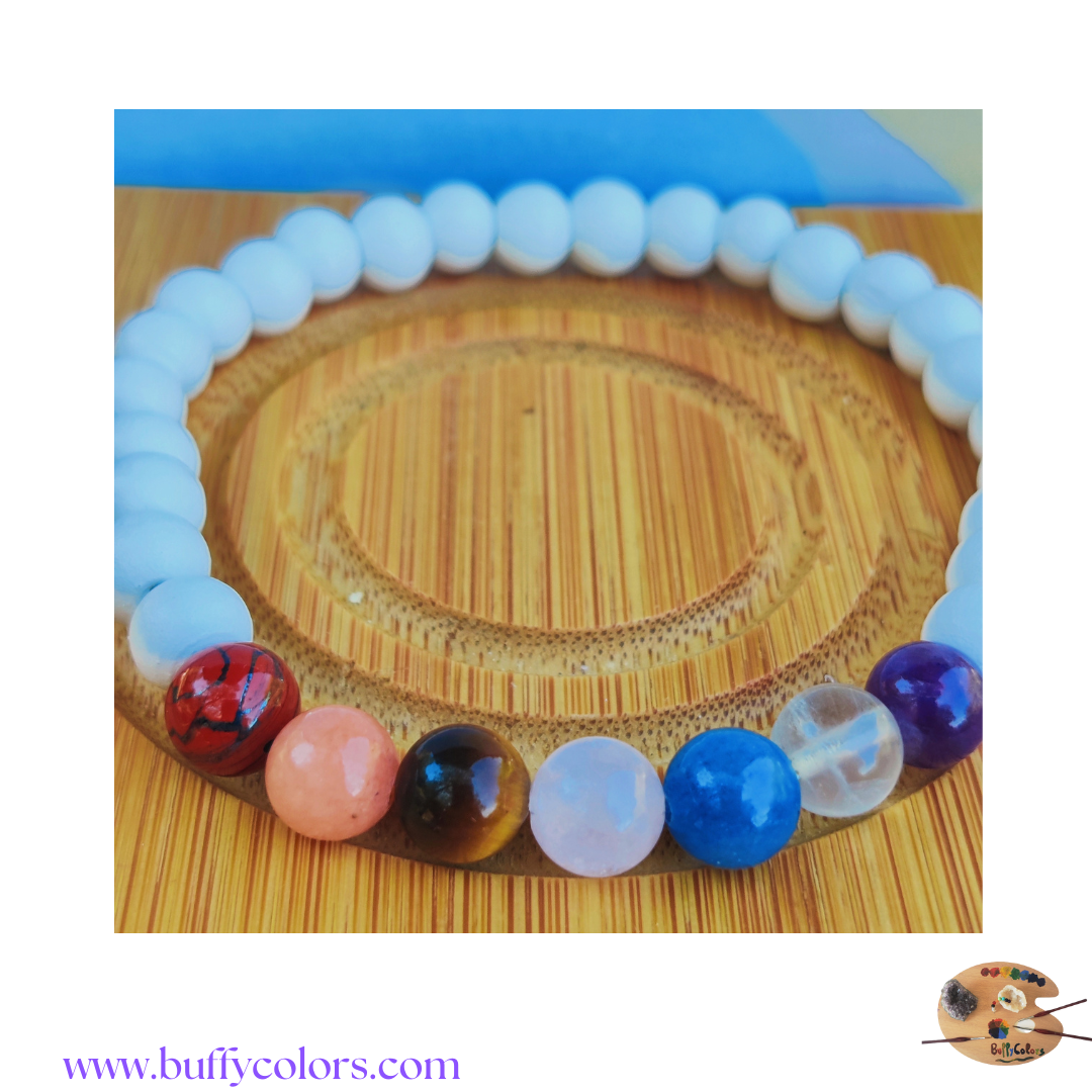 Votre bracelet les 7 chakras en 6mm, pierres en bois en finition