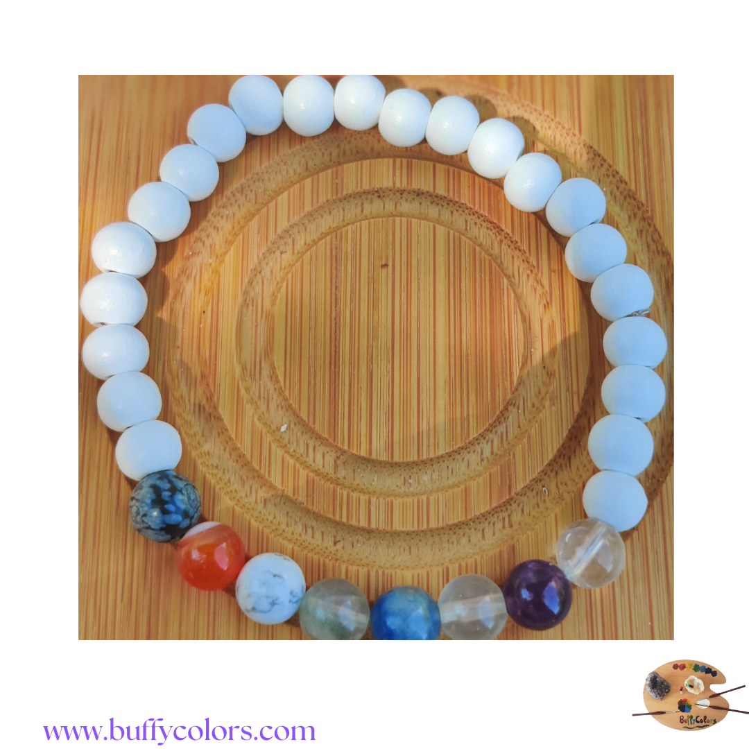 Votre bracelet les 7 chakras en 6mm, pierres en bois en finition