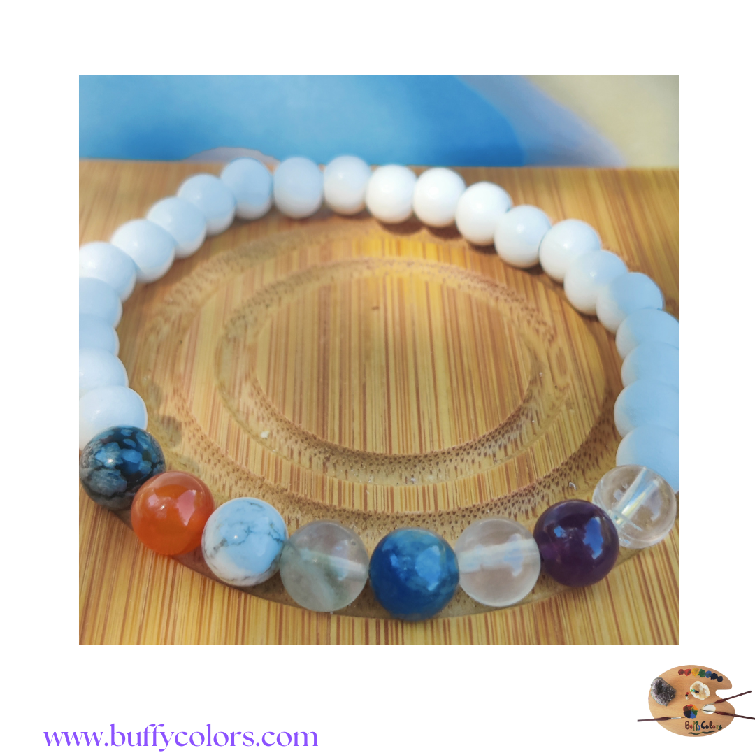 Votre bracelet les 7 chakras en 6mm, pierres en bois en finition
