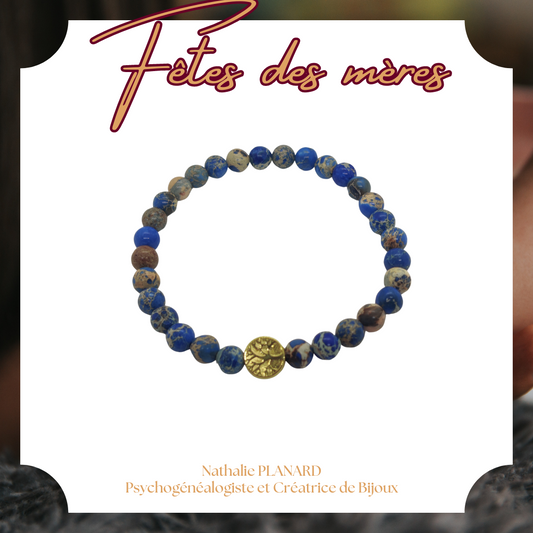 Fête des mères : Bracelet en pierres Jaspe Impérial "Tanganika"orné d'un arbre de vie