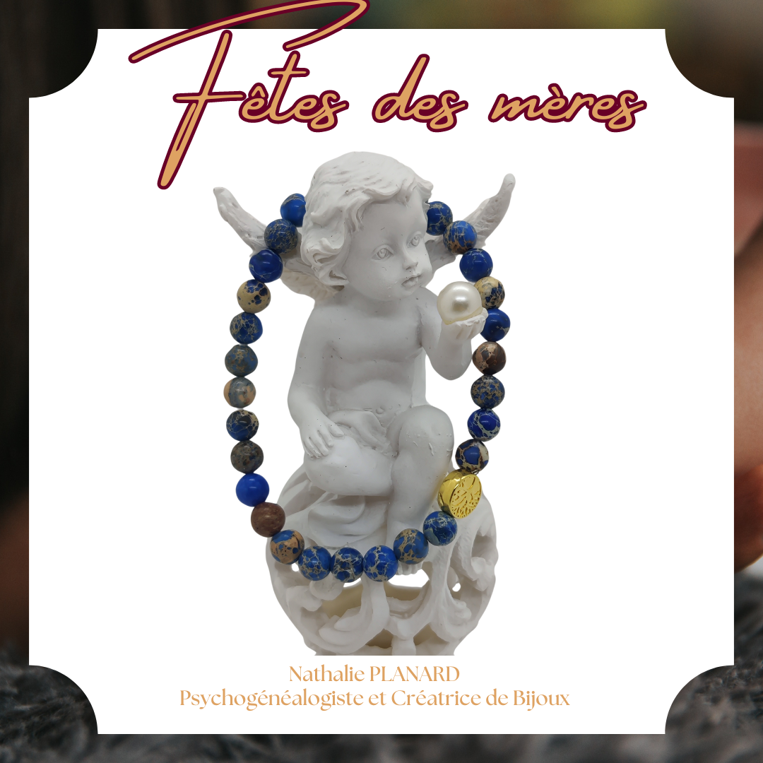 Fête des mères : Bracelet en pierres Jaspe Impérial "Tanganika"orné d'un arbre de vie