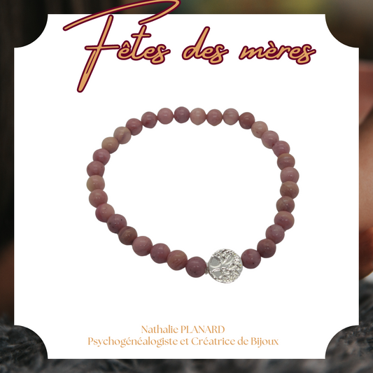 Fête des mères : Bracelet en pierres Rhodonite orné d'un arbre de vie