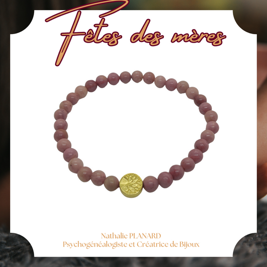 Fête des mères : Bracelet en pierres Rhodonite orné d'un arbre de vie
