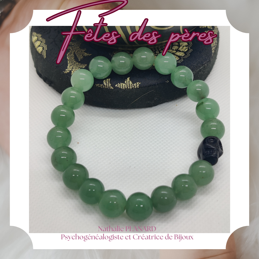 Fête des pères : Bracelet Skull en pierres naturelles Aventurine Verte