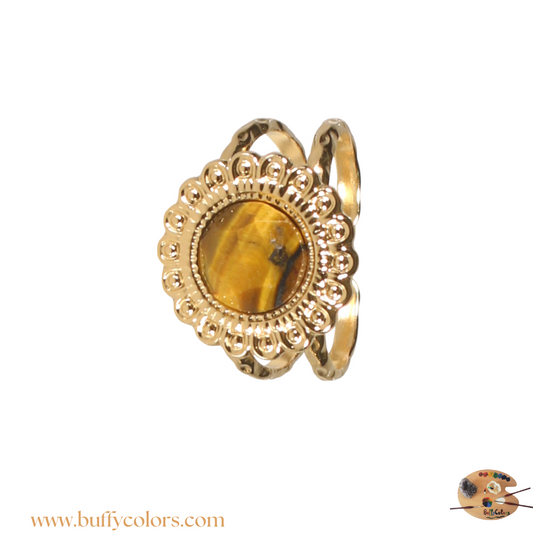 Bague soleil en acier sertie d'un oeil de tigre