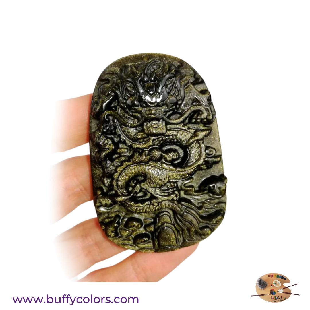 Cabochon percé, Dragon en Obsidienne dorée
