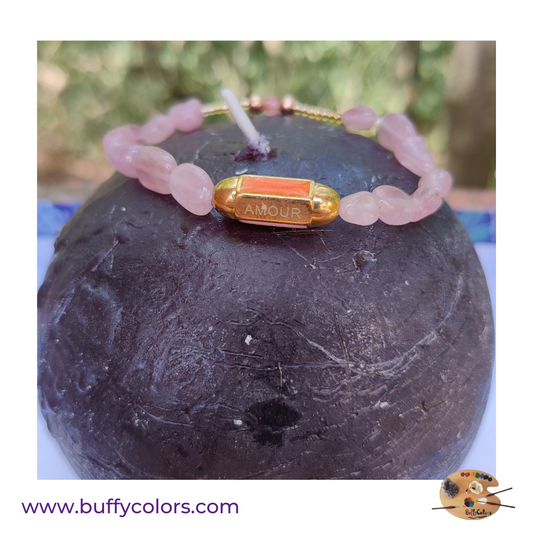 Bracelet message "AMOUR" Doré avec Quartz Rose