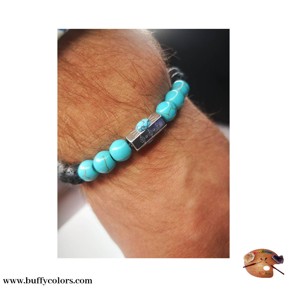 Bracelet message "LOVE" Argenté avec des howlites bleu turquoise et de laves