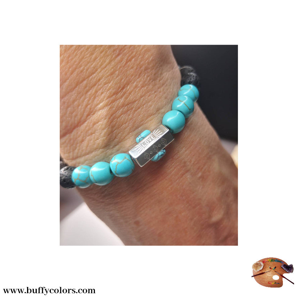 Bracelet message "LOVE" Argenté avec des howlites bleu turquoise et de laves