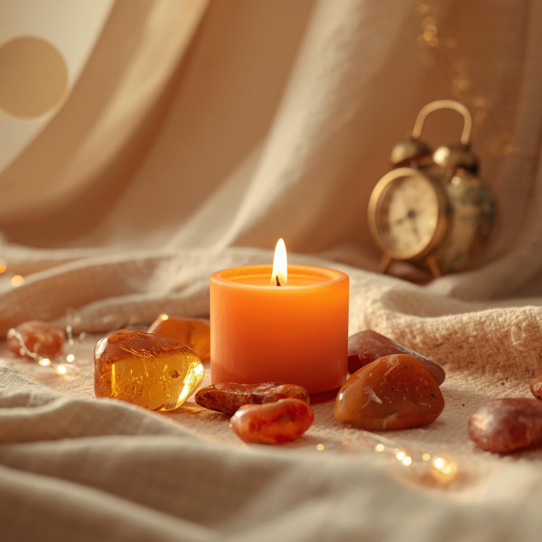 Ambiance douce d’hiver avec bougie allumée et lumière chaleureuse, symbolisant les énergies de décembre, la fin de cycle et la renaissance intérieure.