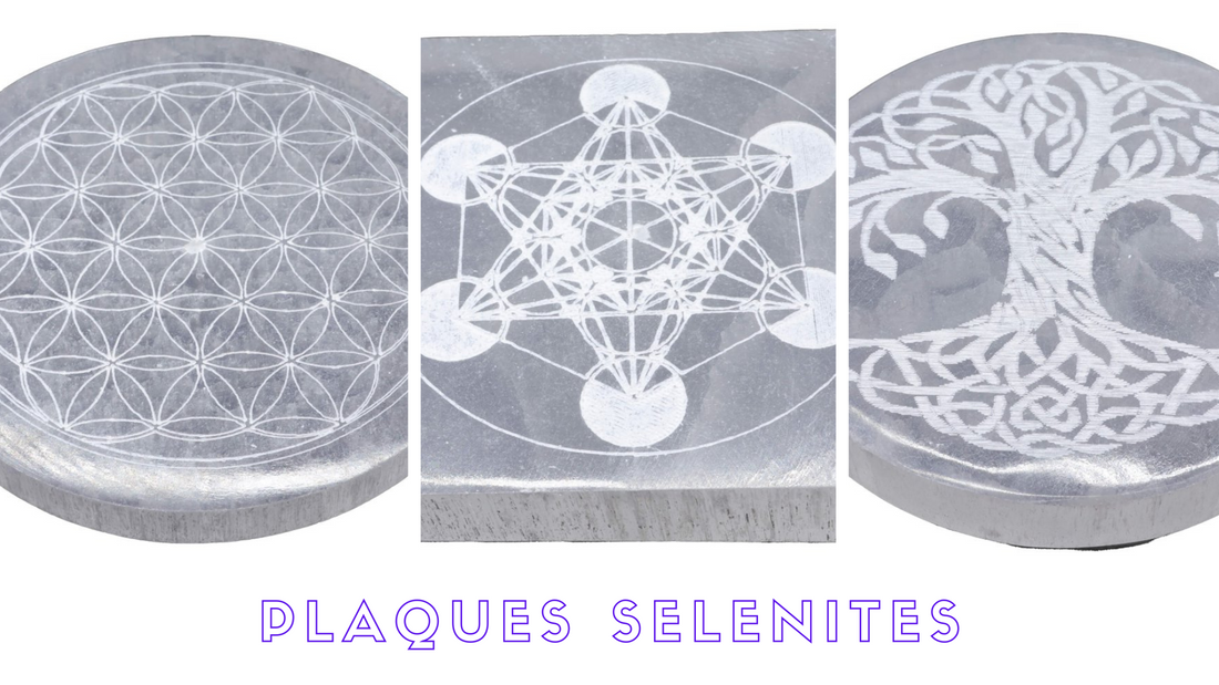 Plaques de sélénite : Métatron, Fleur de Vie et Arbre de Vie