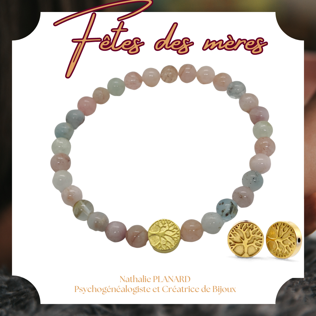 Fête des mères : Bracelet en pierres naturelles Béryl orné d'un arbre de vie