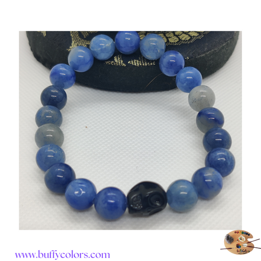 Bracelet en pierres naturelles Aventurine Bleu avec une perle skull