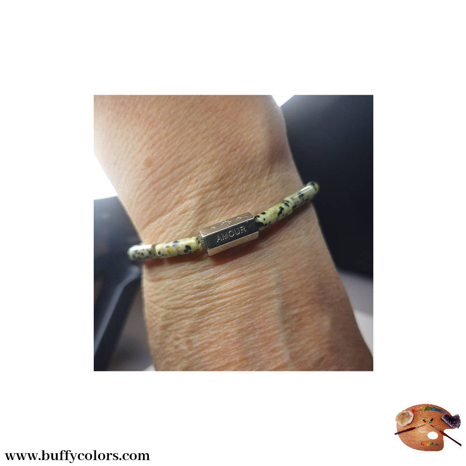 Bracelet argenté message "AMOUR" avec perles de Jaspes Dalmatien