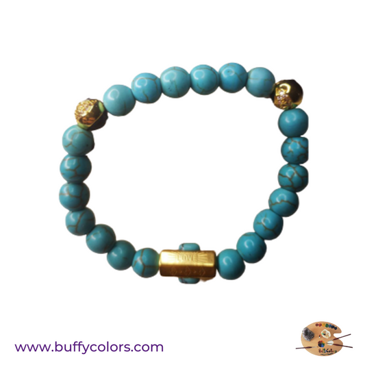 Bracelet message "LOVE" doré avec perles howlite bleues turquoises