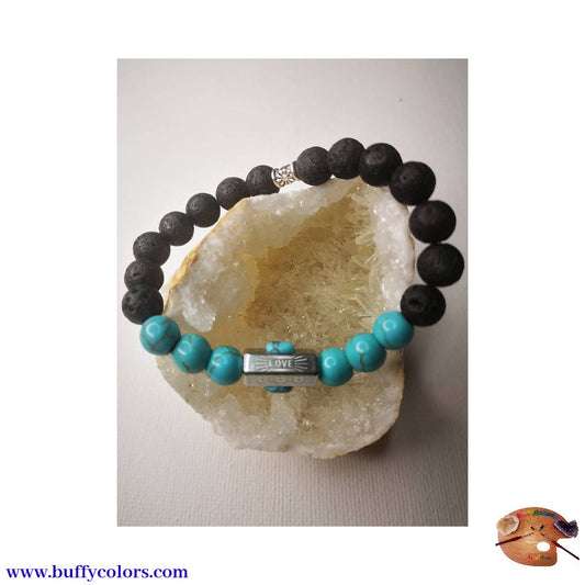 Bracelet message "LOVE" Argenté avec des howlites bleu turquoise et de laves