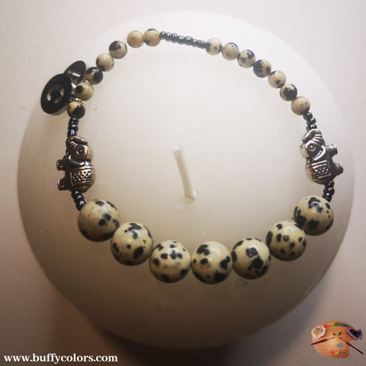 Bracelet argenté Éléphants avec perles de Jaspes Dalmatien