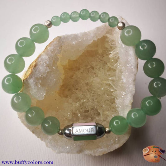 Bracelet argenté message "AMOUR" aves perles d'Aventurine Verte