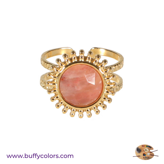 Bague soleil en acier sertie d'une pierre Rhodonite